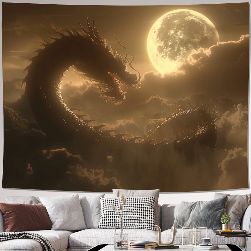 Home Decor Under 100 - Mythical Dragon Under Full Moon Tapestry: